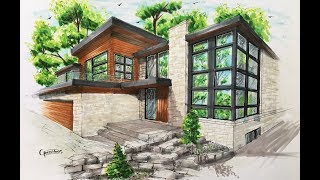 How to draw an Architectural sketching of house with markers Como hacer un Bosquejo arquitectónico [upl. by Nas]