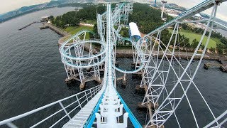 Riding quotSurf Coasterquot Roller Coaster at Sea Paradise in Japan Front Seat 4K Onride POV [upl. by Hunley]