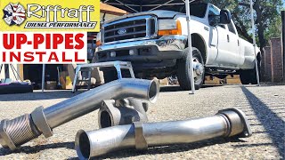 2001 F350 73  RiffRaff UpPipes Install  Stock up pipes leaking and falling apart JUNK SP [upl. by Gayl]