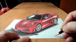 How to Draw 3D car  Drawing Ferrari  3D Trick Art Graphic [upl. by Nylirehs]